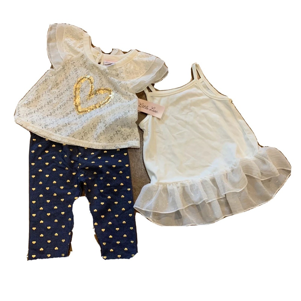 Little Lass Girl's 3 Piece Outfit New with tags 2T Top Undershirt Capris Hearts